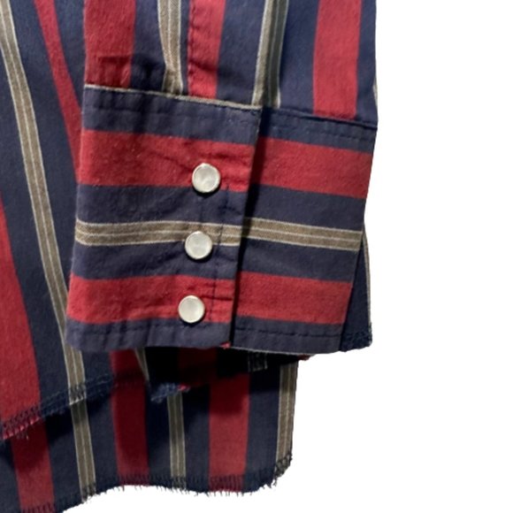Wrangler Pearl Snap Cowboy Striped Button Down Shirt 17.5x35 Men XL Tails Rodeo - Picture 5 of 5